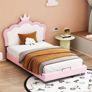 Aunvla Kinderbed, gestoffeerd bed, 90 x 200 cm, met lattenbodem en rugleuning, meisjesbed met kroonvorm, roze (matras niet inbegrepen)