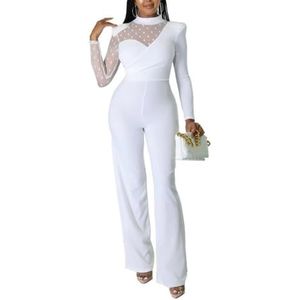 QUYBSGWJ Dames Mesh Splicing Lange Mouwen Collo Stevig Kleur Hoge Taille Elegante Jumpsuit,Wit,L