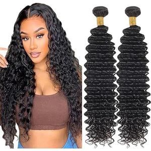 Lakaisa Deep Wave Human Hair Bundles Sew in Hair Natural Black Real Hair Extensions 2 Bundles Unprocessed Virgin Human Hair Minimal Smell Low Shedding for Women 14 14 Inch
