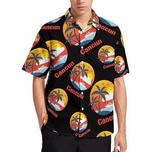 Cancun zonsondergang en palmbomen zomer herenoverhemden casual korte mouwen button down blouse strand top met zak 2XL