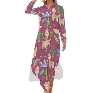 Llama Alpaca Cactus Bloemen Lange Mouw Maxi Shirt Jurken voor Vrouwen Casual V-hals Knop Blouses M