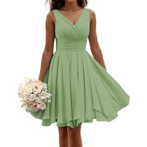 Korte bruidsmeisjes jurken voor vrouwen mouwloze geplooide chiffon V-hals A-lijn formele jurken avondjurken, Sage Groen, 52