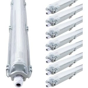 proventa® LED verlichting voor vochtige ruimtes, 120 cm, spaarset met 8 stuks, met LED-buizen, IP65, 4.000 K, 18 W, 2.160 lumen, kunststof grijs