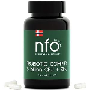 NFO PROBIOTIC COMPLEX 5 miljoen CFU + zink [60 capsules] Natuurlijk hooggedoseerd complex van probiotica met zink, voor het immuunsysteem, huid, haar, nagels, tanden, botten, gemaakt in Finland