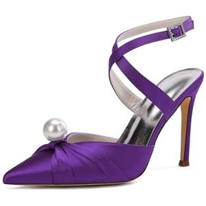 KYEGLO Puntige Stilettohak Met Parel Voor Dames & Gesloten Afstudeerschoenen Met Kruisbandje Om De Enkel - Ideaal Voor Bruiloften En Werk,Dark purple,36 EU