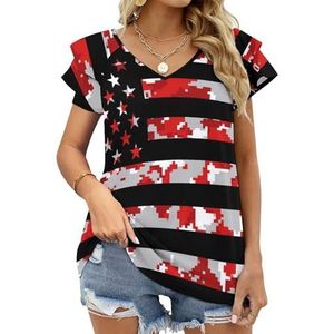 Rood Grijs Camo Amerikaanse Vlag Grafische Blouse Top Voor Vrouwen V-hals Tuniek Top Korte Mouw Volant T-shirt Grappig