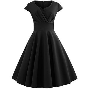 HaicoM Jaren 50 Jurken voor Vrouwen Elegante Empire-taille Feestjurk Dames Effen Kleur 50s Swing Jurk Dames Cup Mouw Cocktailjurken Dames V-hals Knielengte Midi Jurk Casual Jurk, Zwart, XXL