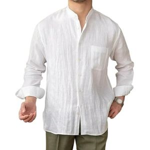 OHERUWKLS Heren Linnen Band Kraag Lange Mouw Button Down Cardigan Casual Woon-Werkverkeer Tops,Wit,L