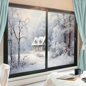 Rustieke winter cabine raamfilm warmteblokkerende abstracte bossen sneeuw lodge retro privacy raamdecoratie glazen deurbekleding niet-klevende raamfilm voor badkamer keuken 90 x 160 cm x 2 stuks