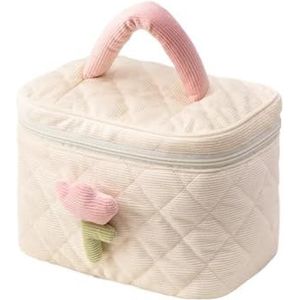 Vrouwen Tulp Bloemen Pouch Grote Capaciteit Reizen Cosmetische Tas Corduroy Rits Zakken Draagbare Opslag Make Up Organizer, Beige Emmer Tas, Eén maat