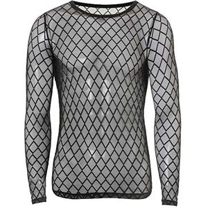 YZBear Visnet doorzichtig shirt met lange mouwen voor heren, Zwart, XL