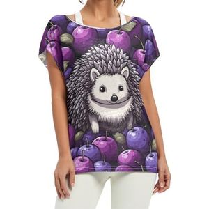 Leuke egel paars fruit aquarel artwork dames korte vleermuismouwen shirt ronde hals T-shirts losse tops voor meisjes, Patroon, S