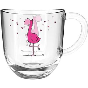 Leonardo Bambini glazen beker, kinderbeker van glas met diermotief, vaatwasmachinebestendige theekop, flamingo, kleurrijk roze 1 stuk, 280 ml, 022903