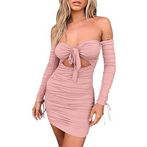 TIIAXCZ Dames mini-jurk, sexy off-shoulder veterjurk met lange mouwen en uitsnijding bandeau-jurk, slim fit party club bodycon-jurken(Color:Pink,Size:M)