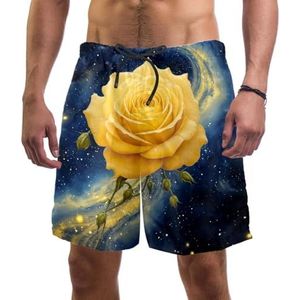 PAFEFO Yellow Rose Space Galaxy boardshorts voor heren, sneldrogend, strand, zwemmen, sportpakken met zakken, Gele roos Space Galaxy, XL