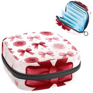Leuke Valentijnsdag Boog en Rose Patroon Maandverband Opbergtas, Grote Menstruatie Cup Pouch met Rits, Menstruatie Pads Bag Store Panty Liners Tampons voor Meisjes Vrouwen