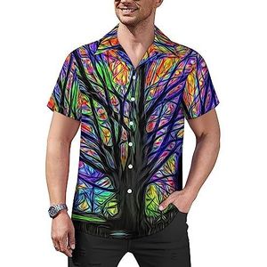 Art Magic Kleurrijke Boom Heren Casual Button-Down Shirts Korte Mouw Cubaanse Kraag Tees Tops Hawaiiaans T-shirt L