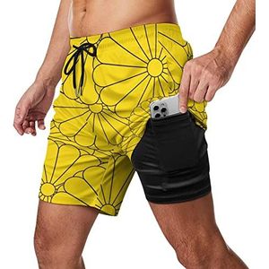 Japan National Emblem Zwembroek voor heren, sneldrogend, 2-in-1 strandsportshorts met compressieliner en zak