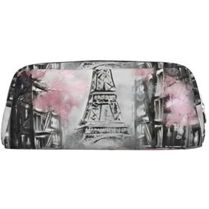 GZYL Paris Street Eiffeltoren Bloemen Gedrukt Potlood Tas Lederen Potlood Pouch Draagbare Etui, Zilver, Eén maat, Munt Pouch