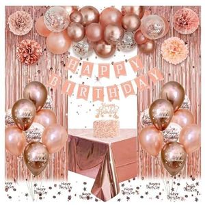 Folie Franje Gordijn 30e 40e 50e Vrouwen Verjaardag Decoraties, Rose Gouden Ballon Slinger Kit met Confetti Tafelkleed Franje Gordijn Papier Pom Poms