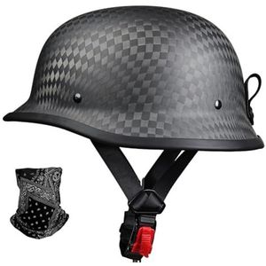Duitse leren motorfietshelmen, retro halfschaalhelm, jethelm met vizier, snelsluiting voor cruiser, chopper, biker, bromfiets, DOT/ECE B,XL=60-61cm