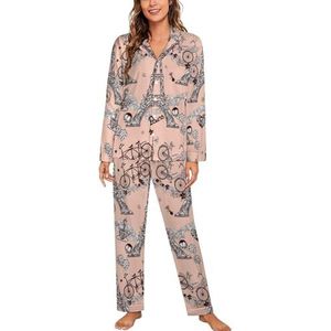 Parijs toren fiets dames lange mouw button down nachtkleding zachte nachtkleding lounge pyjama set L