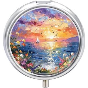 Pillendoos 3 compartimenten geneeskunde pillendoosje draagbare ronde pillendoos week pillenhouder container voor vitamine geneeskunde supplement zonsondergang en zeezicht kleine pillenorganizer