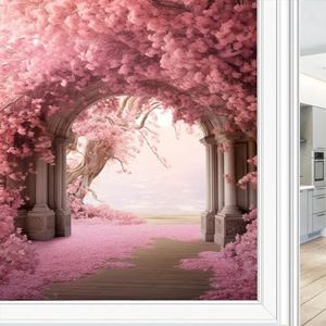 AEMYSKA T Moderne bloemendeuren raamfolie, decoratieve roze bloemen, bomen, kleurrijke planten, glas-in-lood-raamfolie, zonwerend, warmteregulerend, geen lijm, raambedekkende folie voor thuiskantoor,