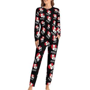 Love Peru Voetbal Zachte Dames Pyjama Lange Mouw Warme Fit Pyjama Loungewear Sets met Zakken XL