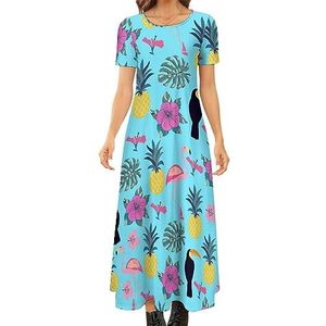 Toekan en flamingo ananas dames zomer casual korte mouwen maxi-jurk ronde hals bedrukte lange jurken 5XL