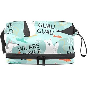 Dubbele Laag Cosmetische Tas Polar Dieren Draagbare Make-up Tas Reizen Organizer Pouch voor Vrouwen Meisjes Toiletartikelen Tassen, Meerkleurig, 27x15x14 cm/10.6x5.9x5.5 in, Make-up zakje