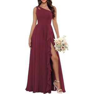 Dames chiffon bruidsmeisjes jurken met split lange galajurken ruches cocktailjurk plus size, wijnrood, 32