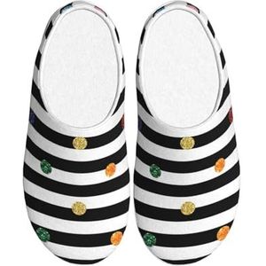 EdWal Glitter Regenboog Polka Dot Streep Zwart en Wit Print Winter Warme Slippers Indoor Anti-slip Pluche Slippers Ontspannen Thuis voor Vrouwen Mannen, Zwart, 37.5 EU