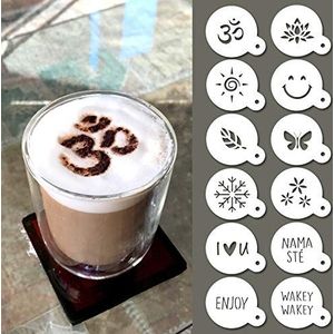 QBIX Cappuccino stencil - Herbruikbaar barista coffee stencil set - Cacao stencil - 12 stuks - Yoga, natuur & good vibes