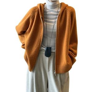LoprNsdgt Dames Gebreide Cardigan Met Rits En Capuchon, Casual, Effen Kleur, Lange Mouwen, Trui-Jas,Oranje,M