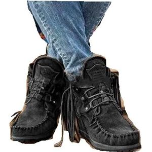 Dames Suède Laarzen met Fringe Casual Retro Fringe Laarzen Antislip Comfy Outdoor Wandelschoenen (Color : Black, Size : 9)