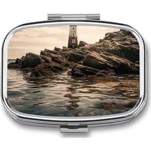 Pillendoos vuurtoren bedrukte rechthoek medicijndoos 2 compartimenten medicijnkoffer voor zak portemonnee en reizen