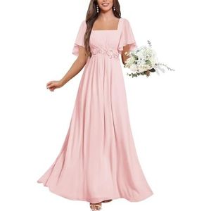 KIYNE Chiffon bruidsmeisjesjurken met mouwen kanten applicatie A-lijn vierkante hals formele avondjurk, Blush Roze, 32