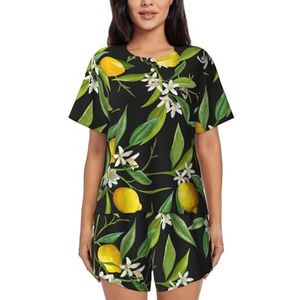 RIVETECH Pyjama met citroen- en bloemenprint voor dames met korte mouwen - comfortabele korte sets, nachtkleding met zakken, Zwart, M