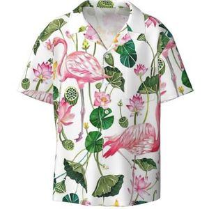 OdDdot Flamingo Vogel Ronde Bladeren Print Heren Jurk Shirts Atletische Slim Fit Korte Mouw Casual Business Button Down Shirt, Zwart, XXL