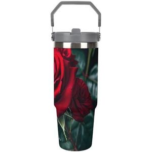 30 oz roestvrij staal geïsoleerde beker met klapdeksel en rietje, lekvrije reismok voor auto, rode roos zwarte achtergrond, dubbelwandige vacuüm thermische koffiekop met handvat, morsbestendig ontwerp