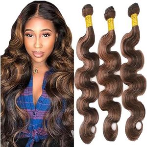 Tuheerst Body Wave Human Hair Bundles P430 Highlight Brown Real Hair Human Hair Extensions Sew in Hair Extension 3 Bundles Double Weft Remy Hair Low Shedding for Woman 24 24 24 Inch