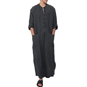 Mannen Badjas Etnische Kaftan Gewaden Katoen Linnen Arabische Moslim Shirt Casual Losse Kamerjas Housecoat,Grijs,XL