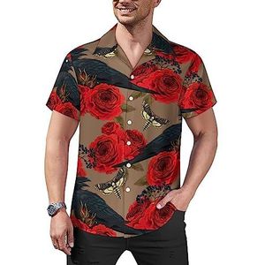 Death Head Hawk Moths And Roses casual overhemden voor heren, korte mouwen, Cubaanse kraag, T-shirts, tops, Hawaiiaans T-shirt, 3XL