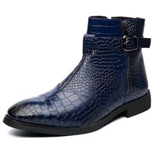 Men's Leather Chelsea Boots,Fashion Bukle Strap Side Zipper High Top Booties,Casual Non-slip Motorcycle Combat Boots (Color : Blue, Size : EU 45)