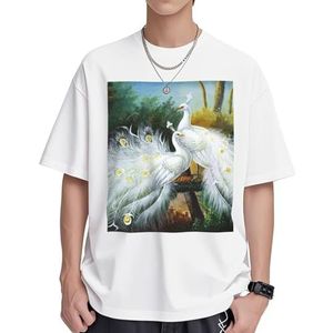 Witte pauw print dames katoenen T-shirts casual korte mouw tuniek tops ronde hals zomer basic losse pasvorm T-shirt, Wit, S