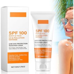 Sunscreen Spf 100, Lichaam en Gezicht Zonnebrandcrème, Inclusief UVB/UVA Zonnebrand Lotion 50g, Niet vet, Geschikt voor Alle Huidtypes (1 stuk)