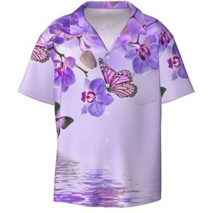 TyEdee Paarse vlinderprint heren korte mouw overhemden met zak casual button down shirts business shirt, Zwart, M