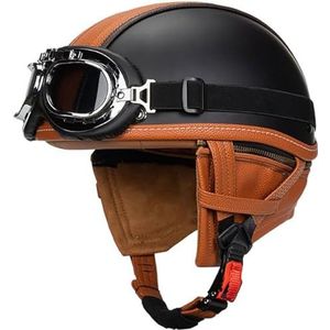 Motorhelm, DOT Goedgekeurde Retro Lederen Dunne Schedelkap Halve Helm Voor Volwassen Mannen Vrouwen, Vintage Open Gezicht Nieuwigheid Halfshell Helm Voor Cruiser Scooter Chopper A,S=54-55CM