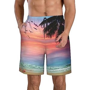 Coconut Palm Tree Sandy Beach Print strandshorts voor heren, lichtgewicht, sneldrogend trekkoord zwembroek met zakken, Wit, M